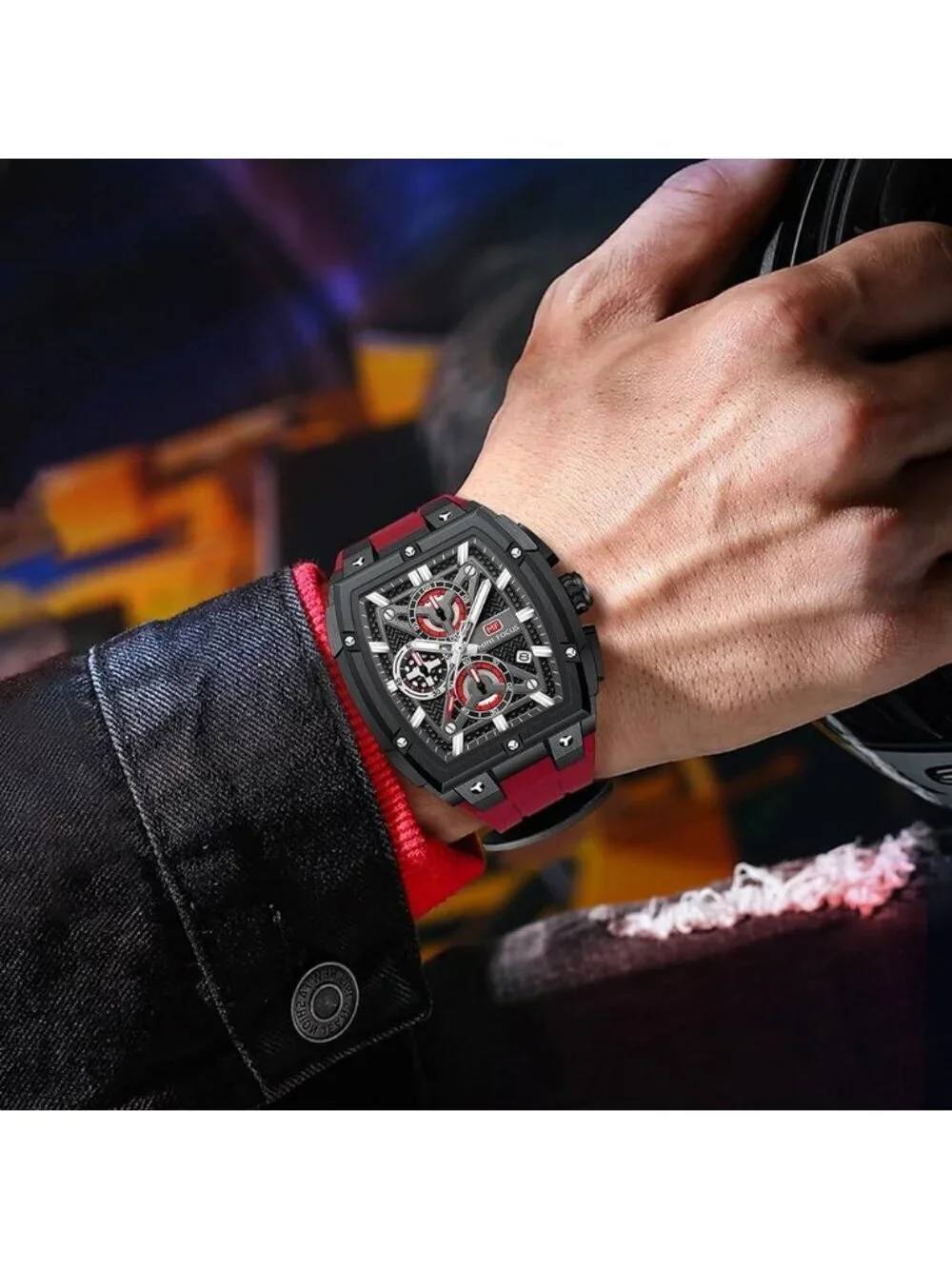 Mens Red Black Analog Wrist Skeleton Tonneau Chronograph Ideal Enthusiasts Watch